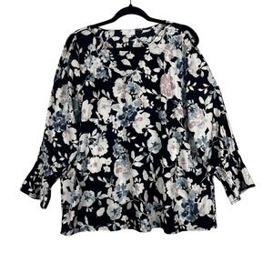J. Jill Floral Blouse Women Navy Blue Cold Shoulder Smocked Cuff Long Sleeve SZL